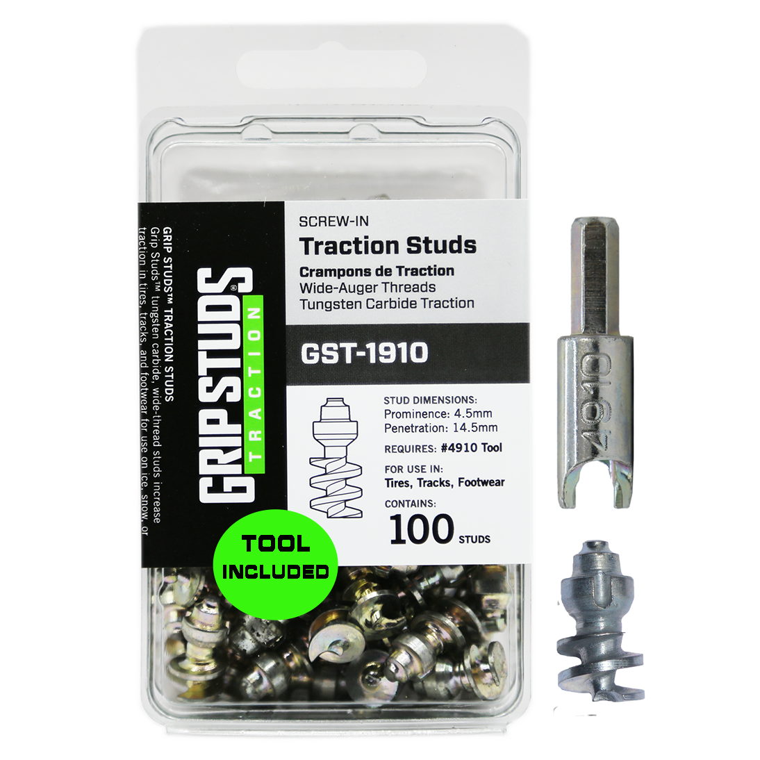 Gripstuds #1500 Medium Grip Tire Studs – 100 Pack With Tool For ATV/UTV (Dirt, Mud, Ice)